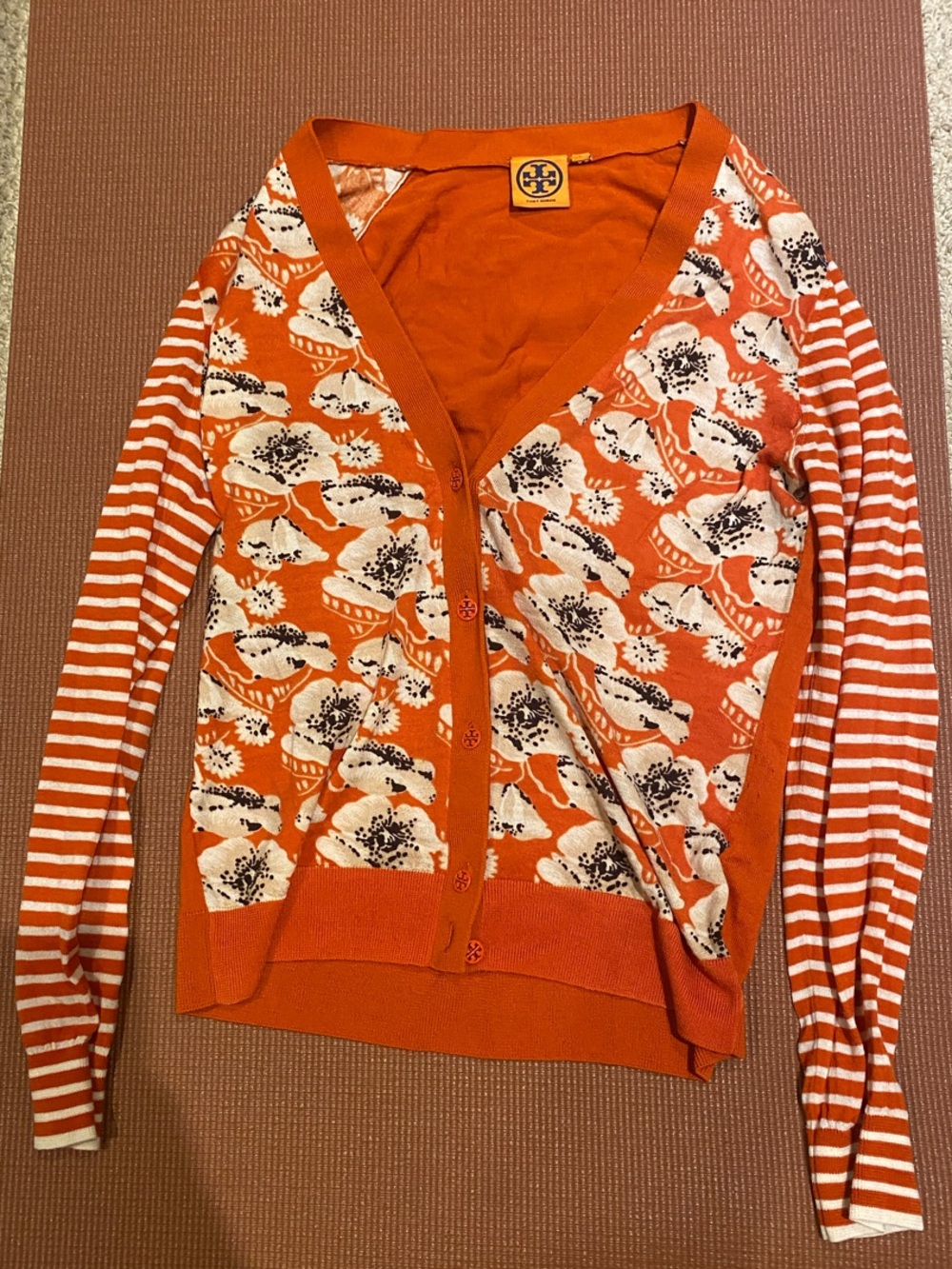 Tory Burch Orange and White Floral Stripe Cardigan